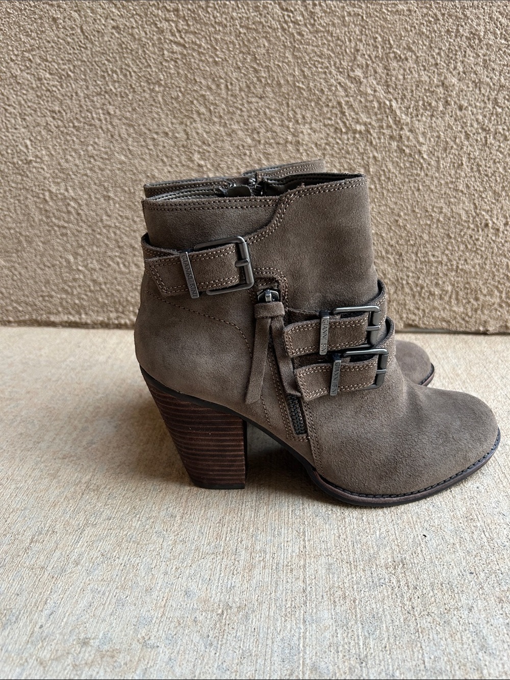 Gianni Bini Taupe Suede Buckle Strap Ankle Boots